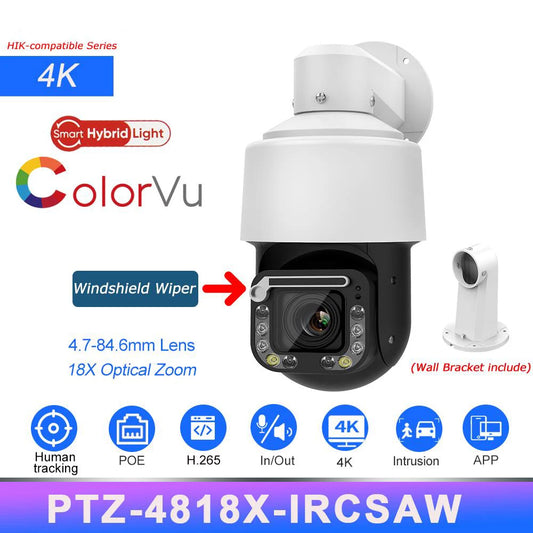 Hikvision Compatible Wiper 360° 4K 8MP PTZ 18X ZOOM IP Camera PoE 2-way Audio Human auto-tracking Plug&Play HIK NVR APP